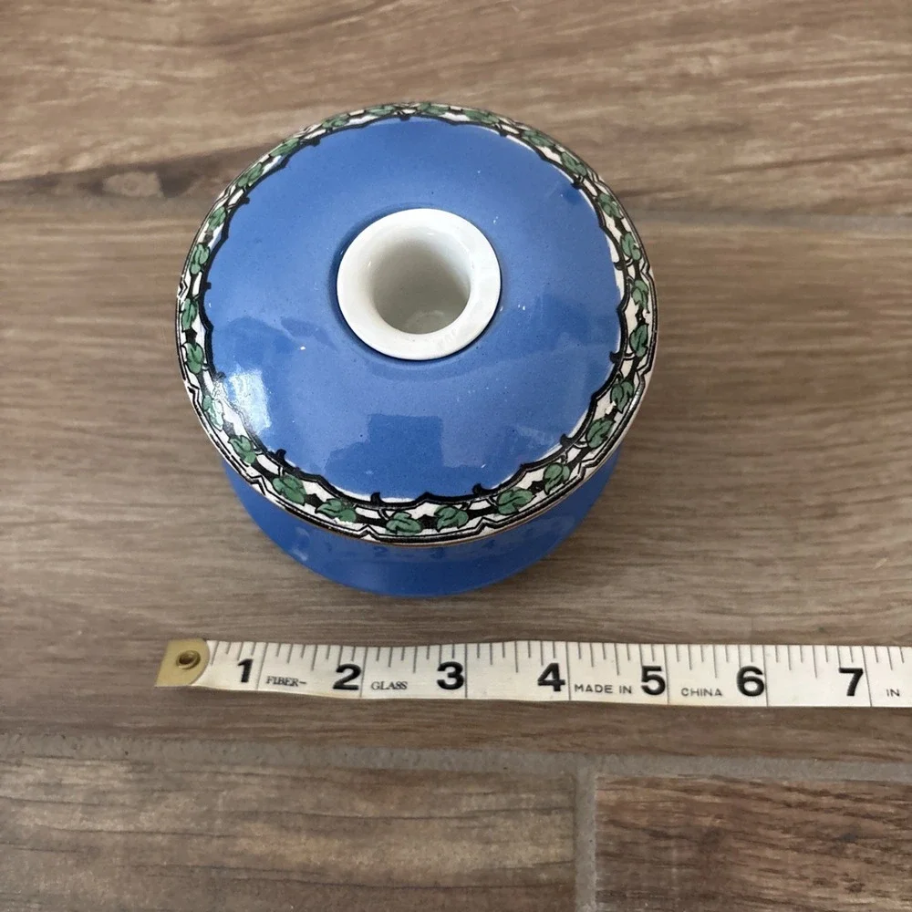 Vintage Art Deco Hand Painted Blue‎ Ceramic Floral Art Flowers and Stars 4